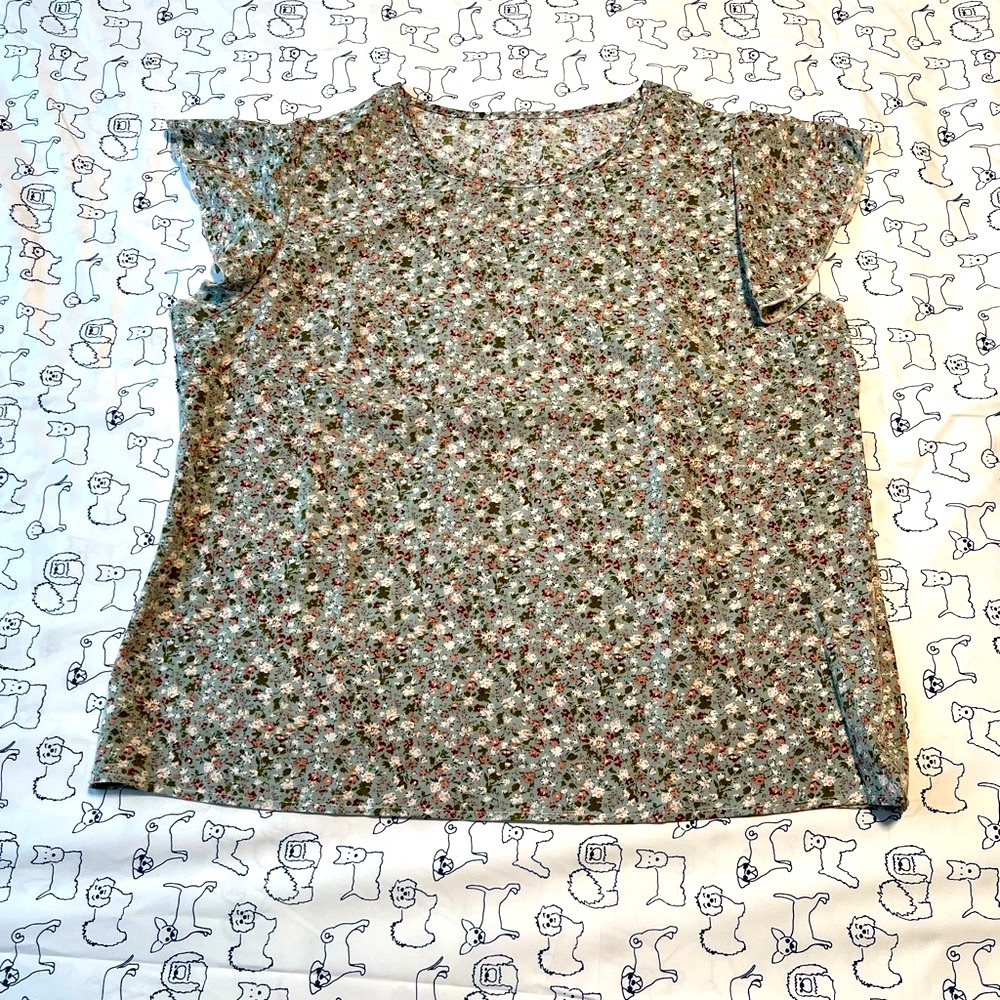 Delicate Spring Floral Print Women's Top with Fluttery Cap Sleeves